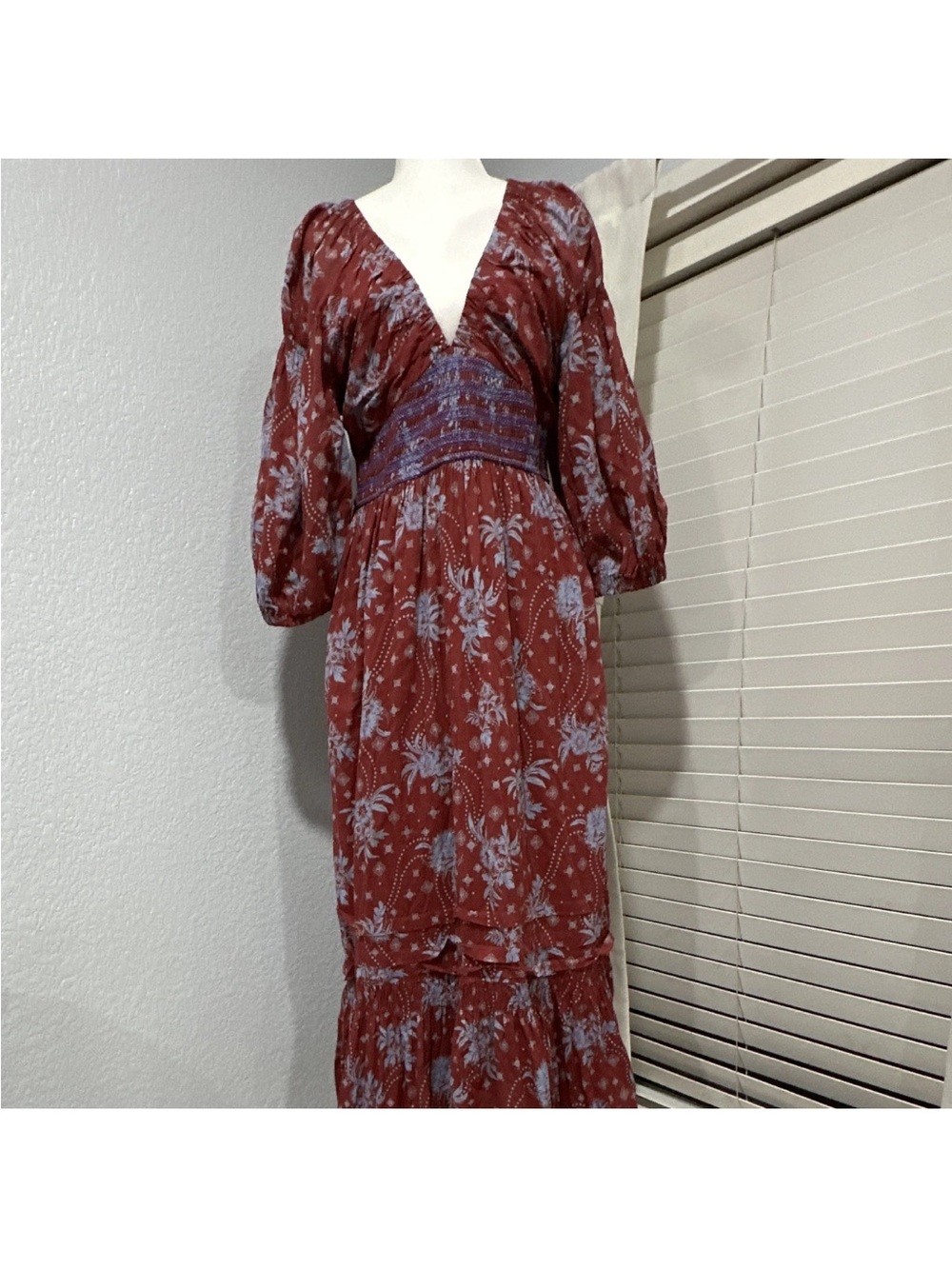 Free People Rust Red Floral V-Neck Smocked Maxi Dress